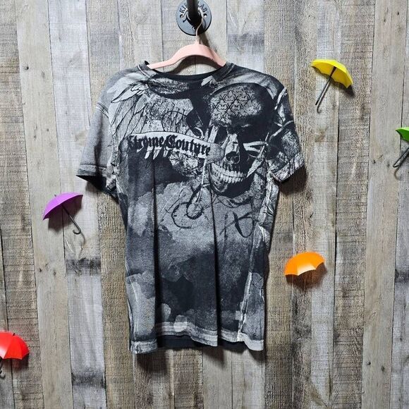 Affliction Xtreme Couture All Over Print Skull Graphic Tee Distressed - Picture 1 of 6